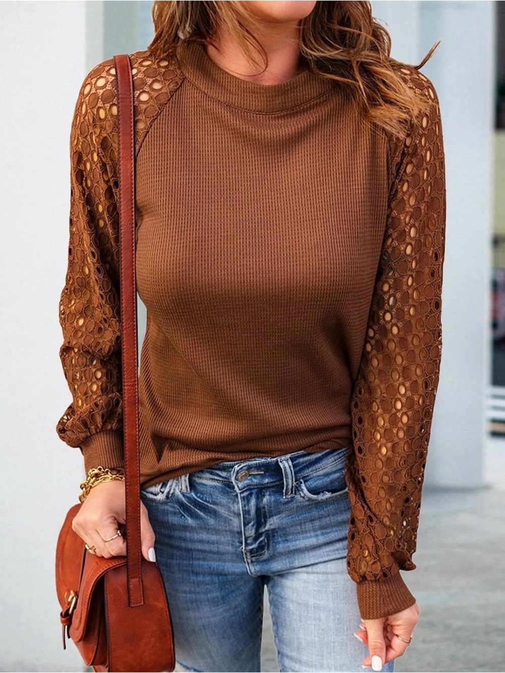 Miholl Brown Lace Long Sleeve Waffle-Knit Top
